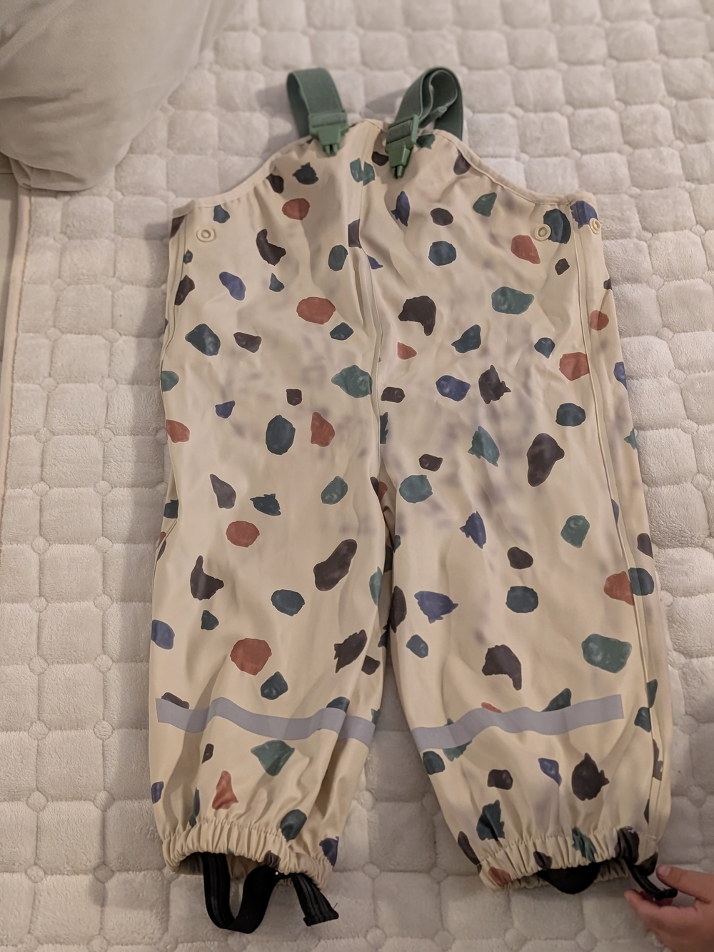 H&M Cream Waterproof Rain Pants with Multicolor Spots and Green Straps 2T
